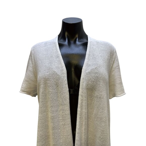 Eileen Fisher Light Gray Open-Front Short Sleeve Linen Cardigan Size M - Picture 3 of 9